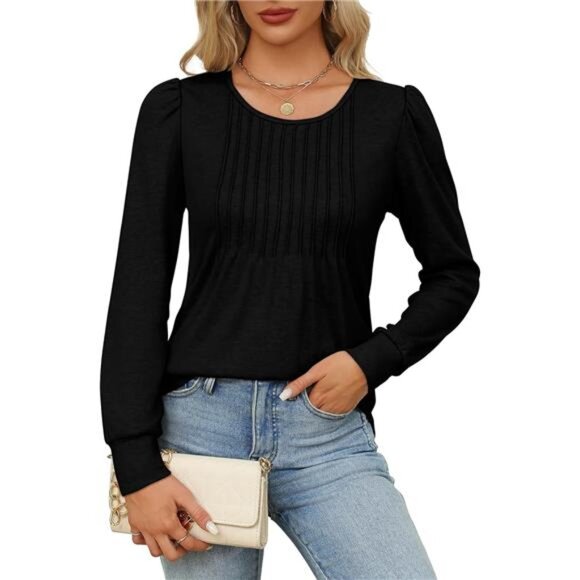 Women’s Pleated Scoop Neck Tunic - Long Sleeve Fall Blouses for Leggings, Black - Picture 2 of 6